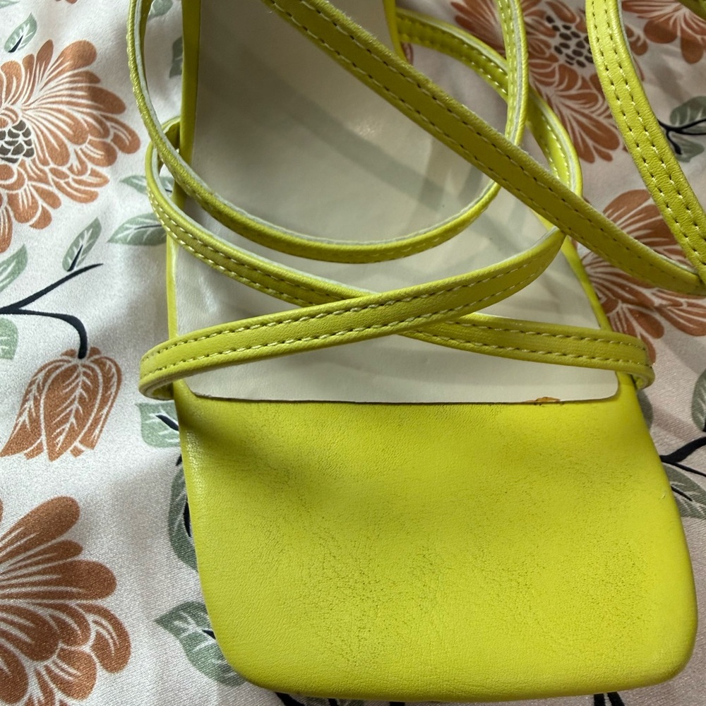 Zara Neon Yellow Strappy Square-Toe Heels - Picture 6 of 7